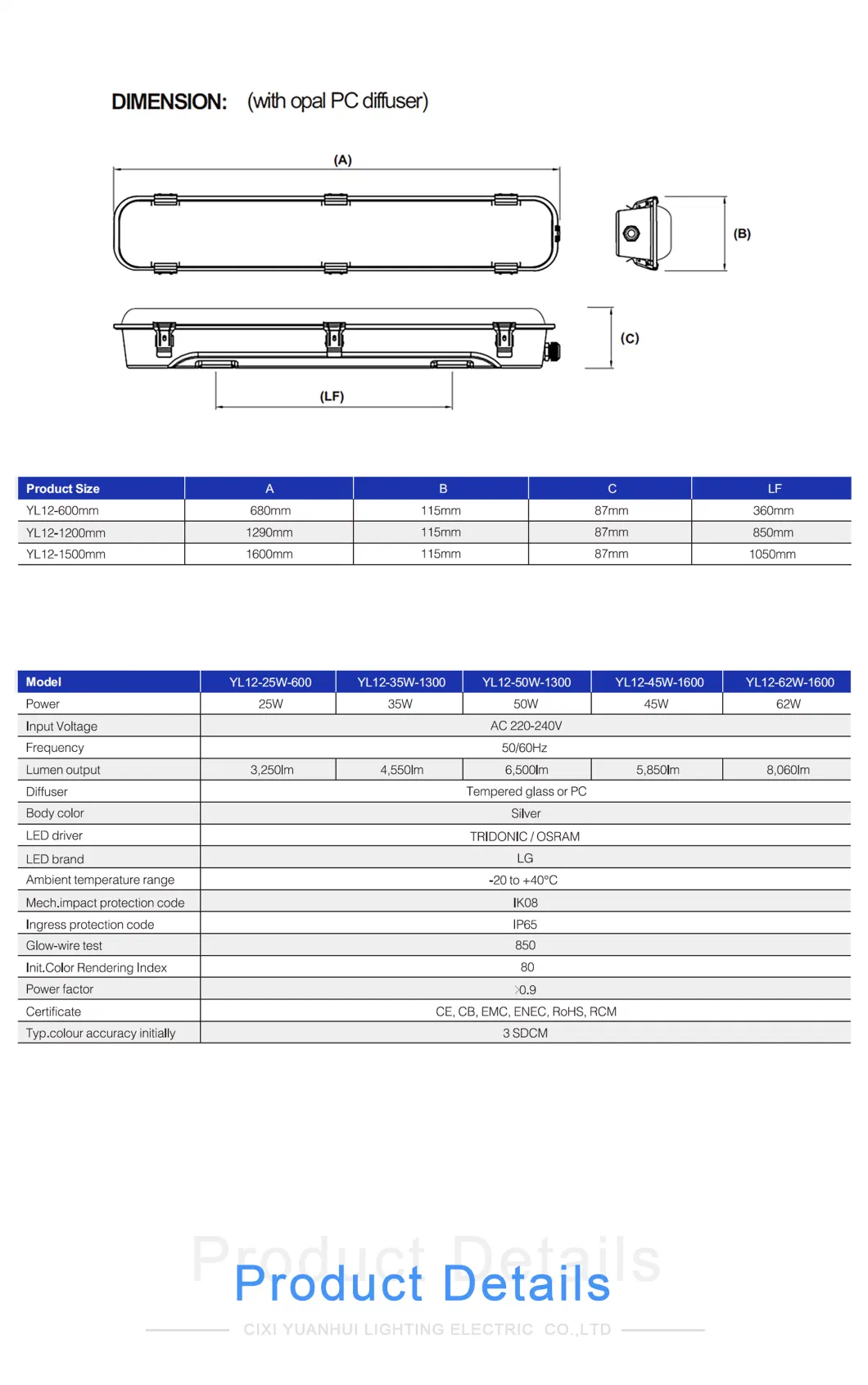 IP66 Ik08 LED Stainless Steel Waterproof Lamp, LED Lighting Fixture, LED Tunnel Tri-Proof Lighting, LED Triproof Tube Light